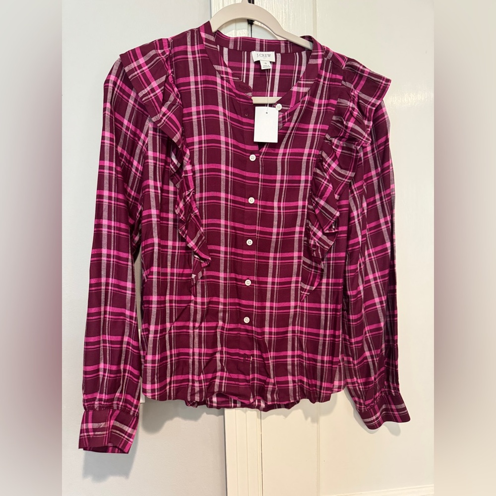 J. Crew Pink Plaid Ruffle Blouse NWT size S
